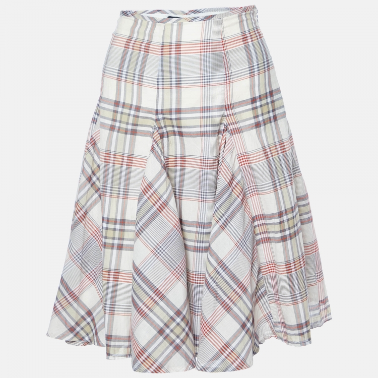 Pre Owned Max Mara Beige Checked Cotton Flared Skirt S