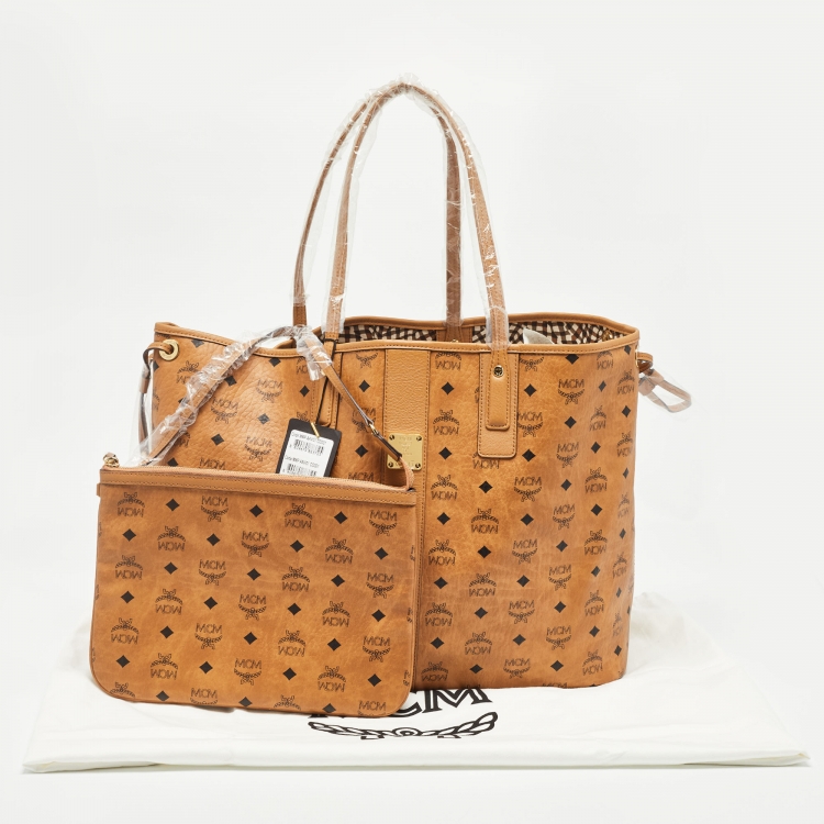 Pre Owned MCM Cognac Visetos Coated Canvas Large Reversible Liz Shopper Tote