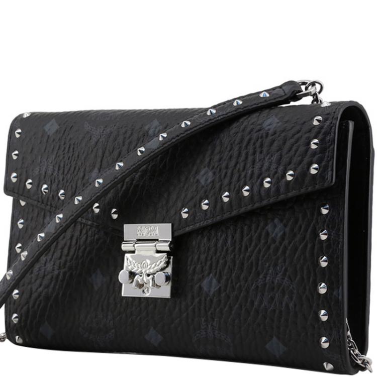 MCM Black Visetos Coated Canvas Studded Large Patricia Continental