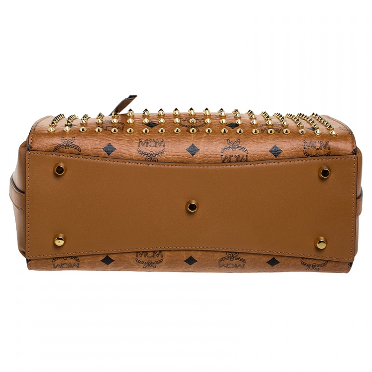 Pre Owned MCM Brown Visetos Coated Canvas and Leather Swarovski Top Handle Bag