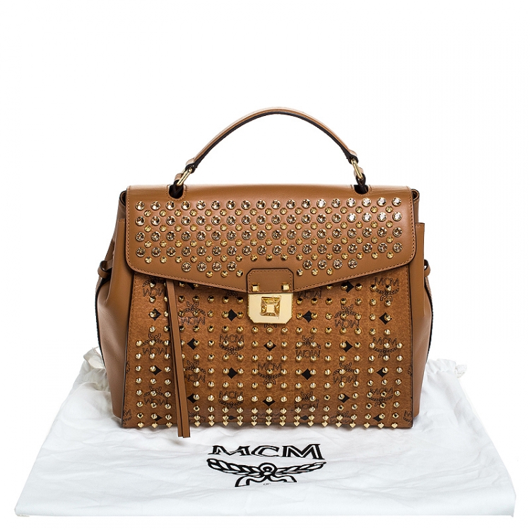 Pre Owned MCM Brown Visetos Coated Canvas and Leather Swarovski Top Handle Bag