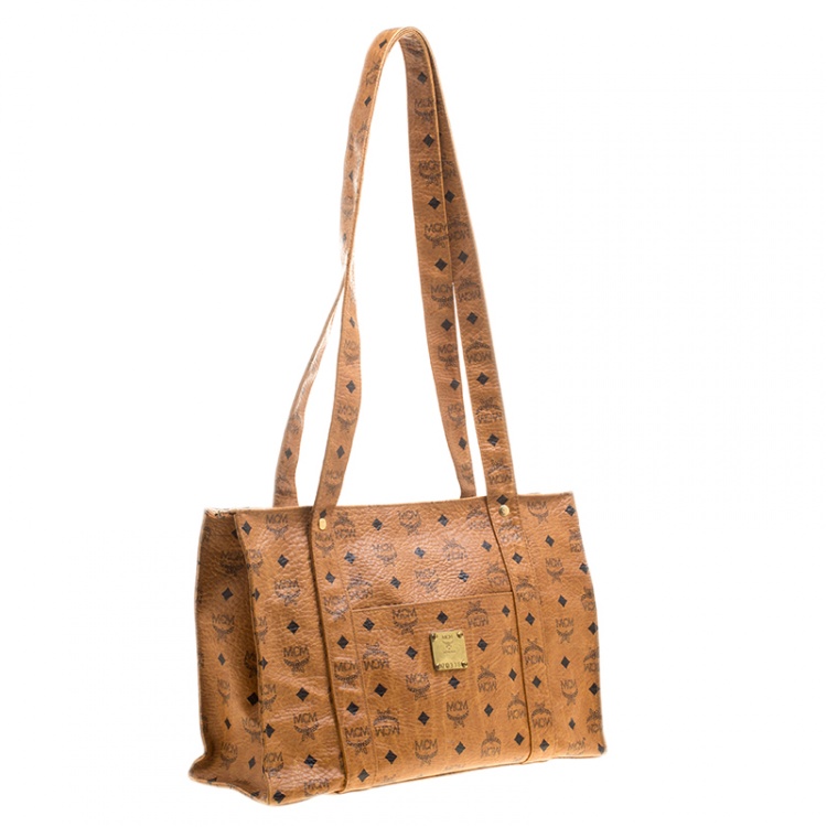 Pre Owned MCM Cognac Visetos Coated Canvas Medium Heritage Top Zip Shopper Tote