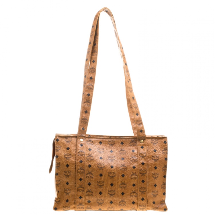 Pre Owned MCM Cognac Visetos Coated Canvas Medium Heritage Top Zip Shopper Tote