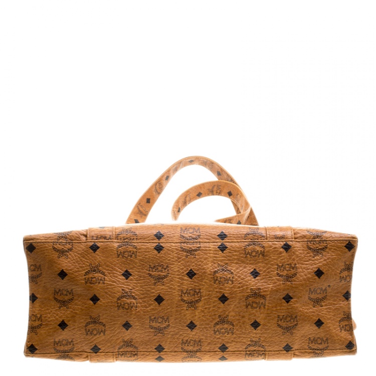 Pre Owned MCM Cognac Visetos Coated Canvas Medium Heritage Top Zip Shopper Tote