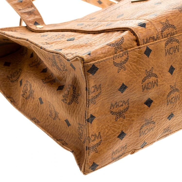 Pre Owned MCM Cognac Visetos Coated Canvas Medium Heritage Top Zip Shopper Tote