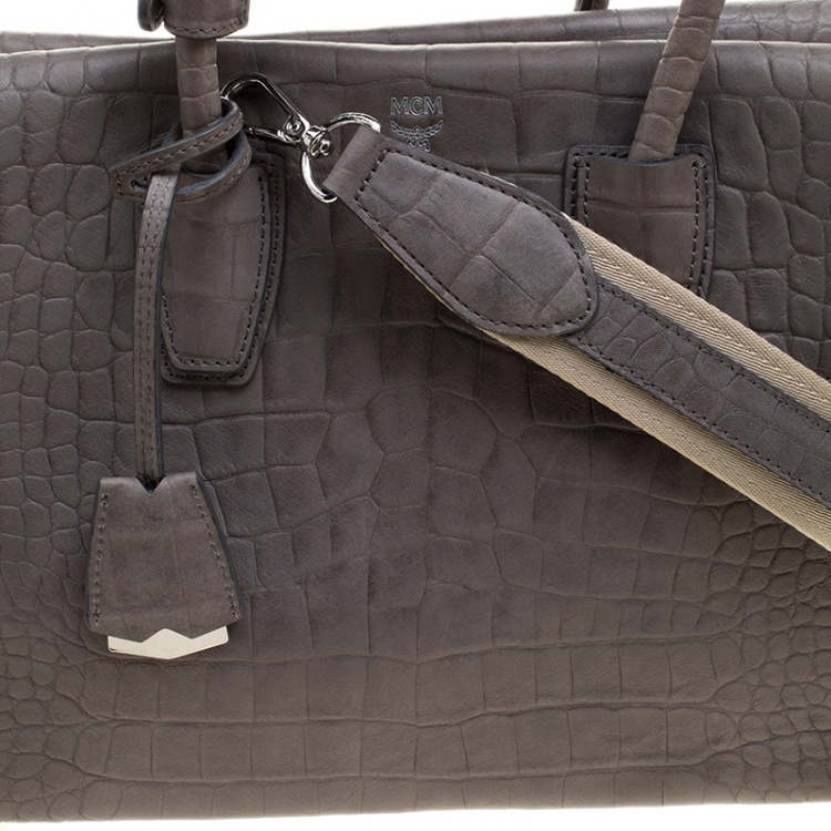 Pre Owned MCM Grey Croc Embossed Leather Medium Milla Satchel