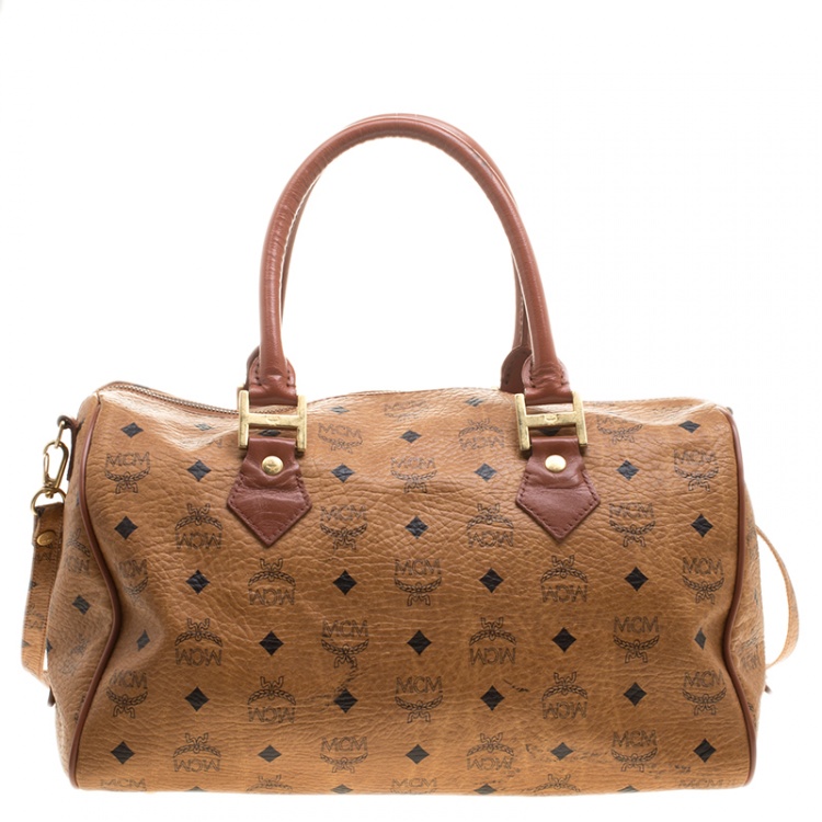 Pre Owned MCM Cognac Visetos Coated Canvas Heritage Boston Bag