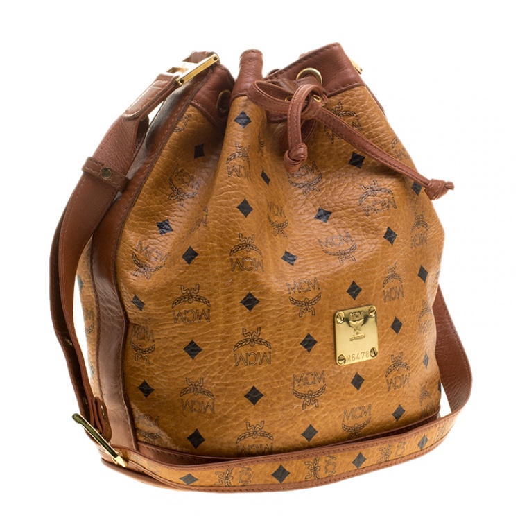 Pre Owned MCM Cognac Visetos Coated Canvas Bucket Bag