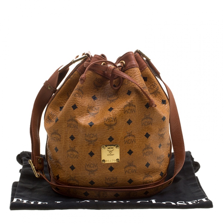 Pre Owned MCM Cognac Visetos Coated Canvas Bucket Bag