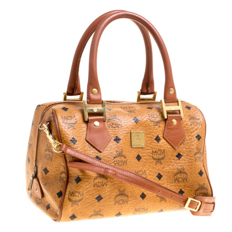 Pre Owned MCM Cognac Visetos Coated Canvas Small Heritage Boston Bag
