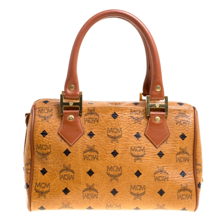 Pre Owned MCM Cognac Visetos Coated Canvas Small Heritage Boston Bag