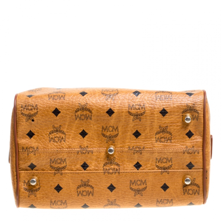 Pre Owned MCM Cognac Visetos Coated Canvas Small Heritage Boston Bag