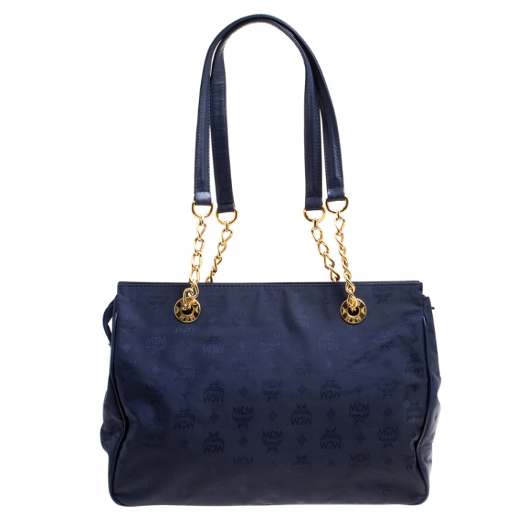 Pre Owned MCM Dark Blue Nylon Visetos Chain Tote