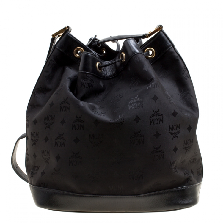Pre Owned MCM Black Nylon Drawstring Bucket Bag