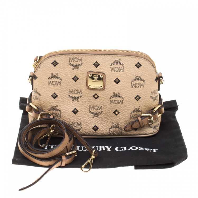 Pre Owned MCM Beige Visetos Coated Canvas Studded Crossbody Bag