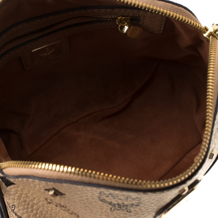 Pre Owned MCM Beige Visetos Coated Canvas Studded Crossbody Bag