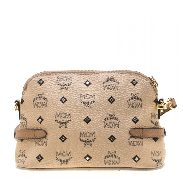 Pre Owned MCM Beige Visetos Coated Canvas Studded Crossbody Bag