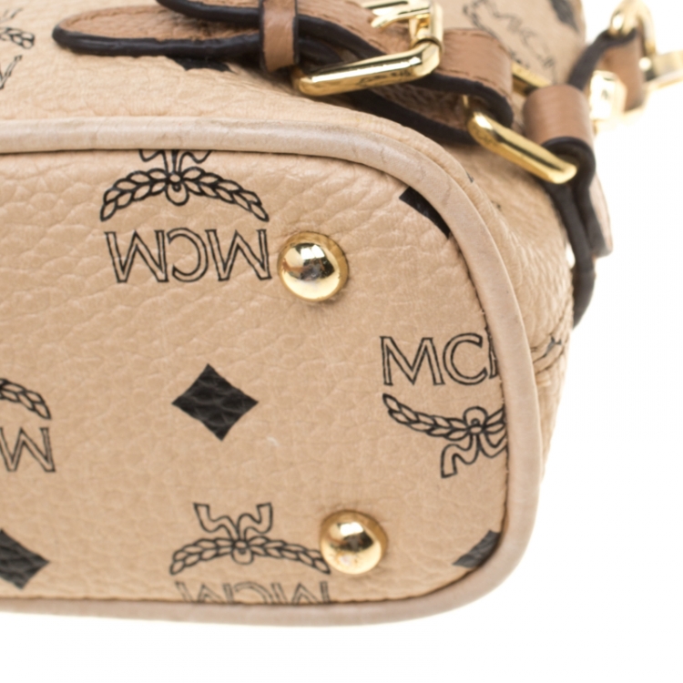 Pre Owned MCM Beige Visetos Coated Canvas Studded Crossbody Bag