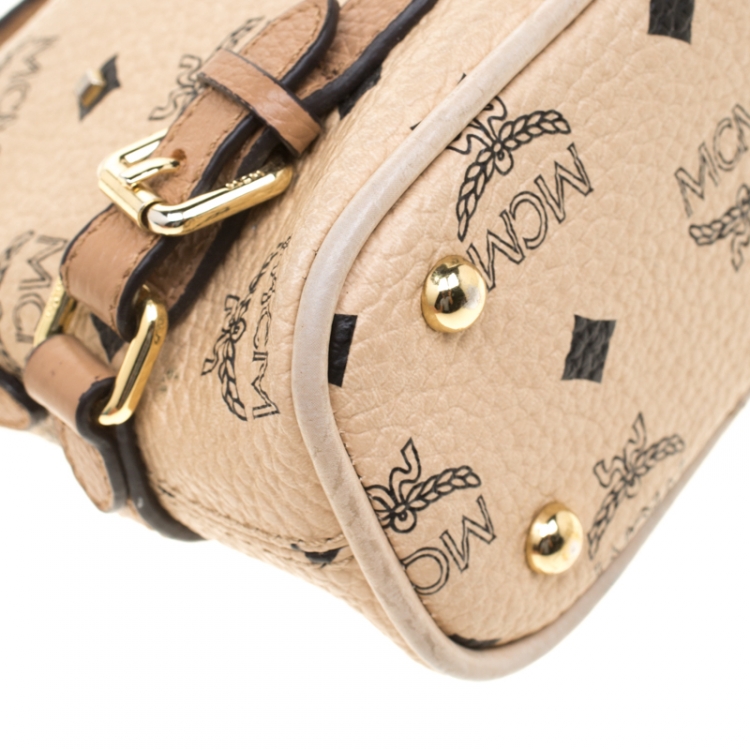 Pre Owned MCM Beige Visetos Coated Canvas Studded Crossbody Bag