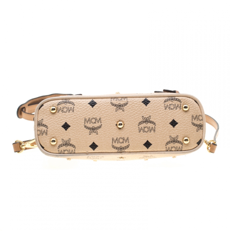 Pre Owned MCM Beige Visetos Coated Canvas Studded Crossbody Bag