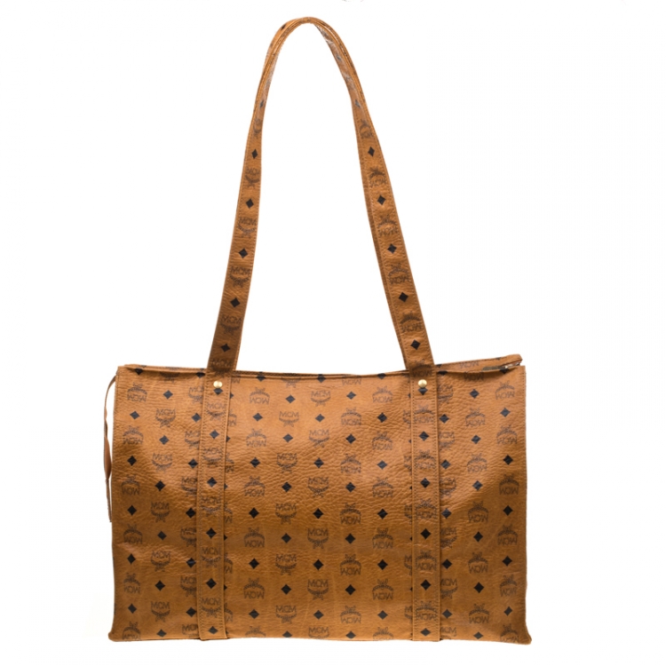 Pre Owned MCM Cognac Visetos Coated Canvas Extra Large Heritage Top Zip Shopper Tote