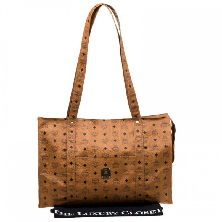Pre Owned MCM Cognac Visetos Coated Canvas Extra Large Heritage Top Zip Shopper Tote