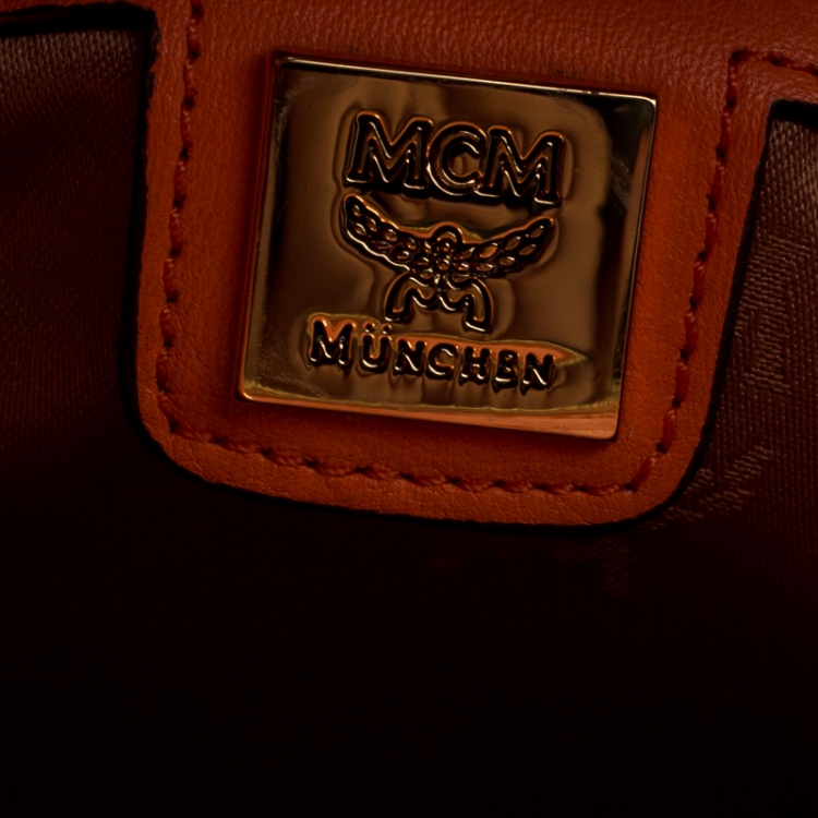 Pre Owned MCM Cognac/Orange Coated Canvas and Leather Double Zip Top Handle Bag