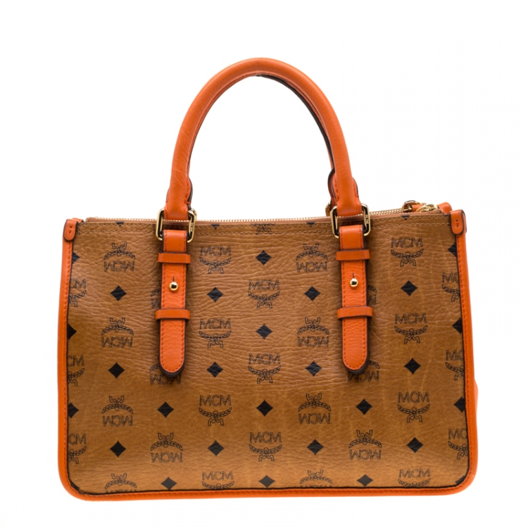 Pre Owned MCM Cognac/Orange Coated Canvas and Leather Double Zip Top Handle Bag