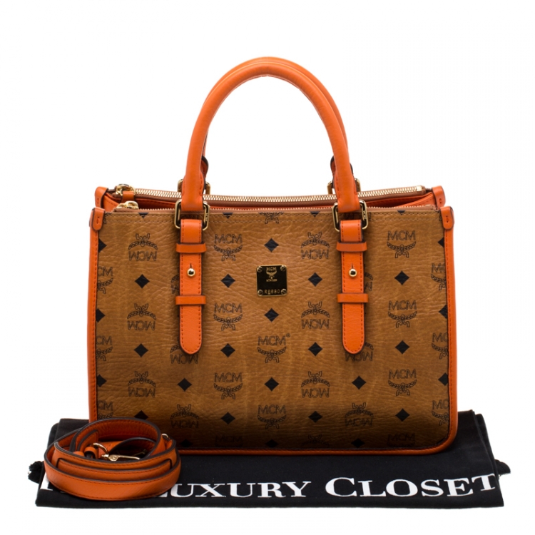 Pre Owned MCM Cognac/Orange Coated Canvas and Leather Double Zip Top Handle Bag