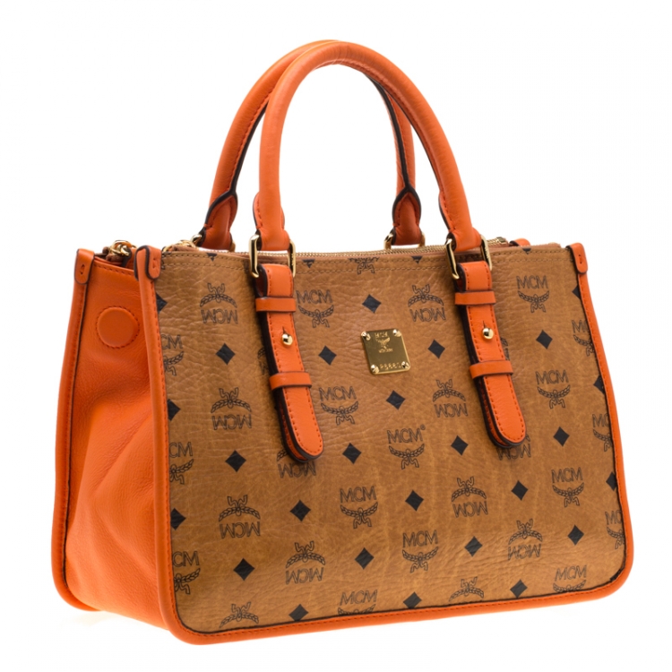 Pre Owned MCM Cognac/Orange Coated Canvas and Leather Double Zip Top Handle Bag