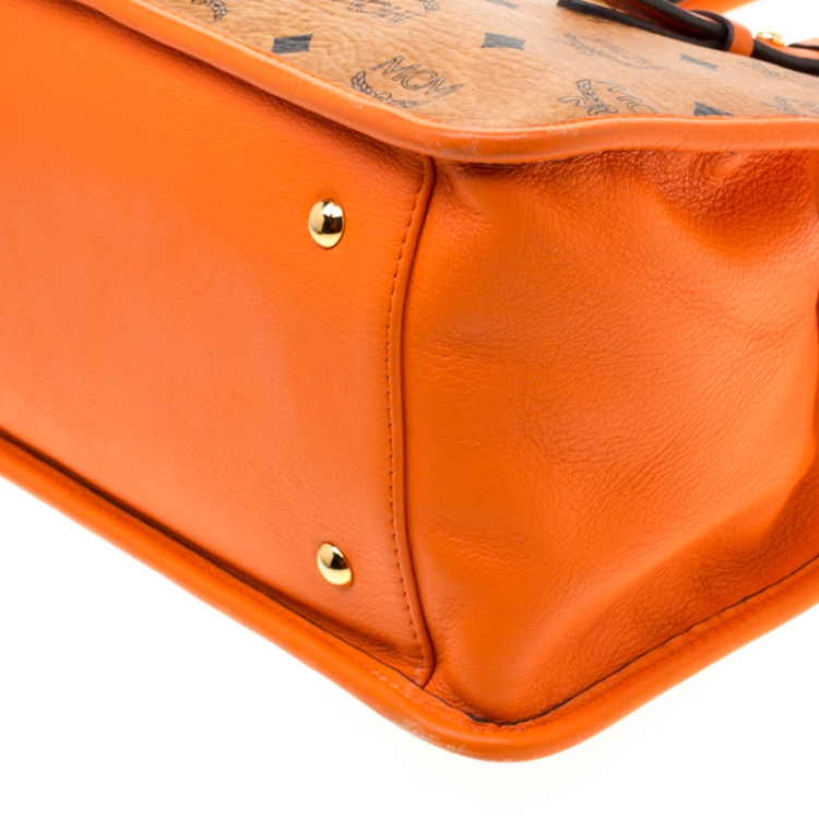Pre Owned MCM Cognac/Orange Coated Canvas and Leather Double Zip Top Handle Bag
