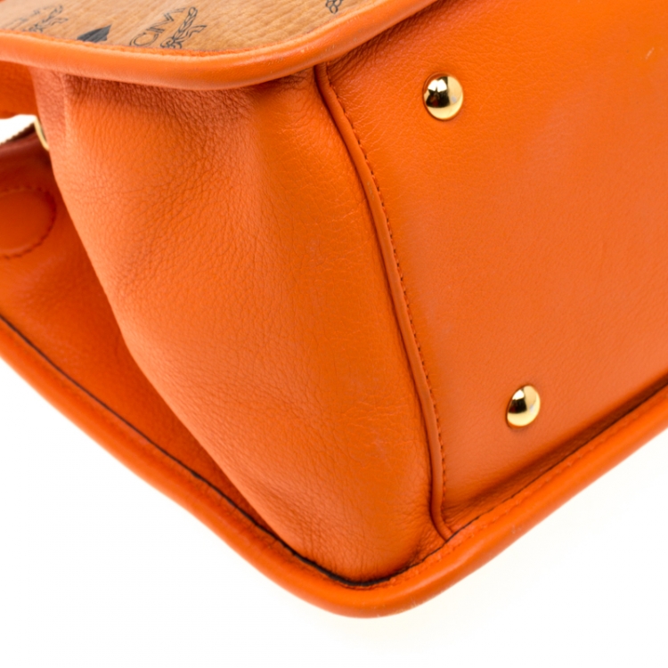 Pre Owned MCM Cognac/Orange Coated Canvas and Leather Double Zip Top Handle Bag