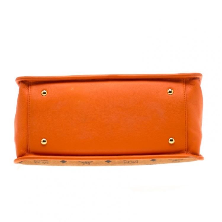 Pre Owned MCM Cognac/Orange Coated Canvas and Leather Double Zip Top Handle Bag