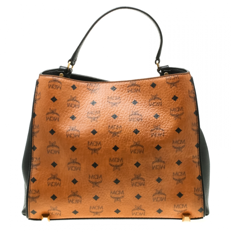 Pre Owned MCM Black/Cognac Visetos Coated Canvas and Leather Corina Tote