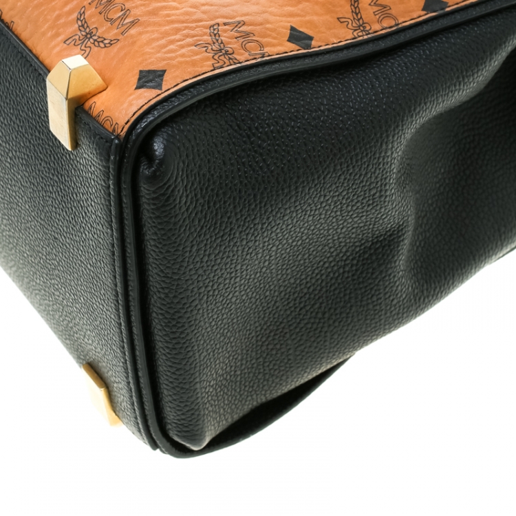 Pre Owned MCM Black/Cognac Visetos Coated Canvas and Leather Corina Tote