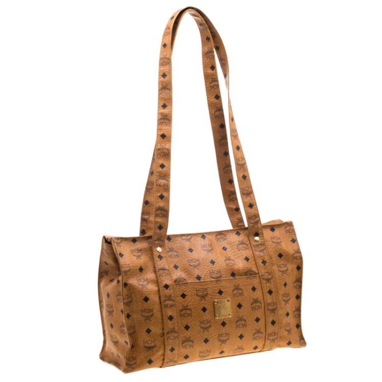 Pre Owned MCM Cognac Visetos Coated Canvas Top Zip Tote