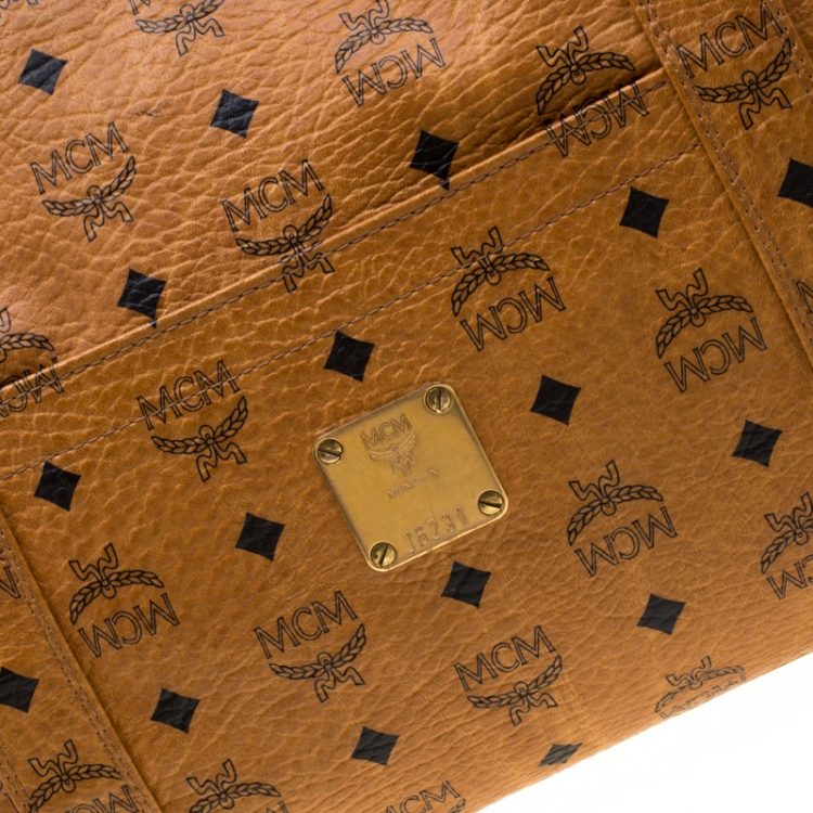Pre Owned MCM Cognac Visetos Coated Canvas Top Zip Tote
