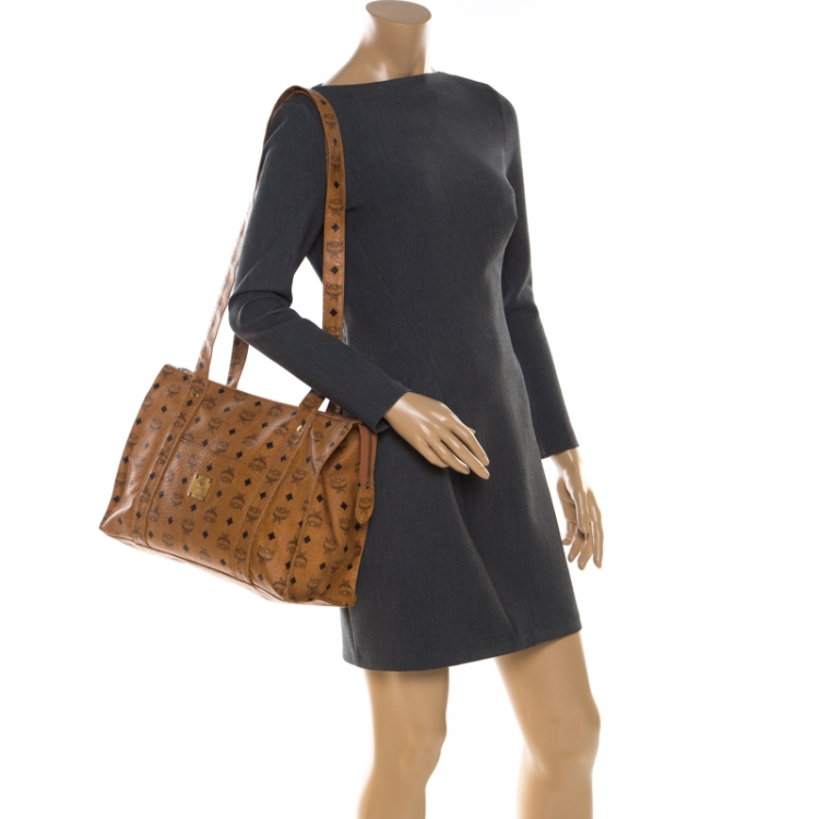 Pre Owned MCM Cognac Visetos Coated Canvas Top Zip Tote
