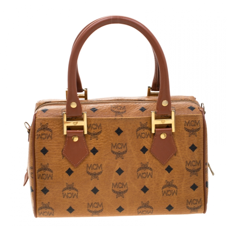 Pre Owned MCM Cognac Visetos Coated Canvas Small Heritage Boston Bag