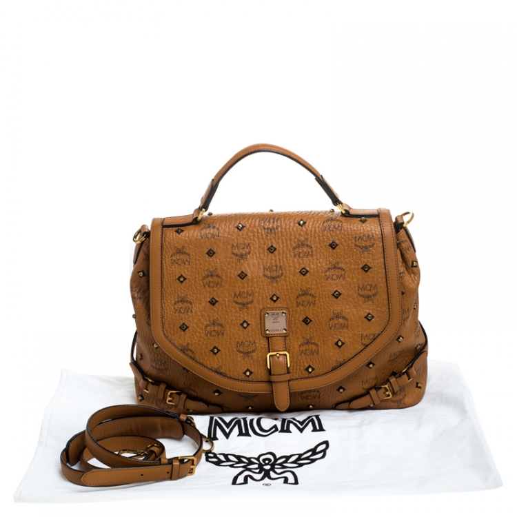 Pre Owned MCM Cognac/Black Visetos Leather Top Handle Bag            