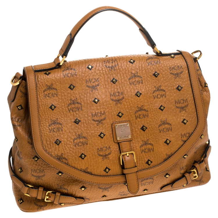 Pre Owned MCM Cognac/Black Visetos Leather Top Handle Bag            