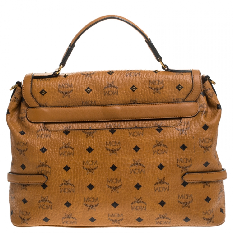 Pre Owned MCM Cognac/Black Visetos Leather Top Handle Bag            