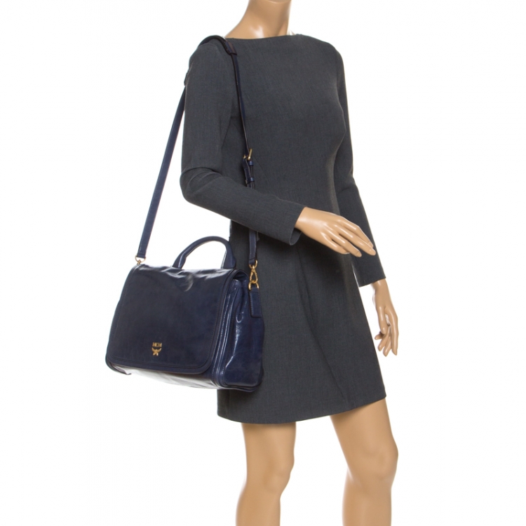 Pre Owned  MCM Blue Vitello Leather Top Handle Bag