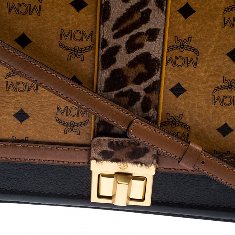 Pre Owned MCM Brown Visetos Cognac Coated Canvas and Leather Top Handle Bag