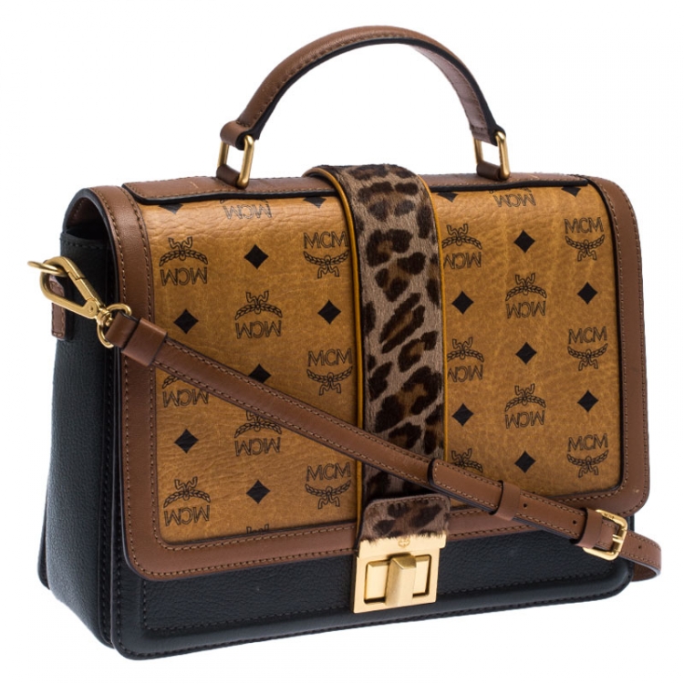Pre Owned MCM Brown Visetos Cognac Coated Canvas and Leather Top Handle Bag