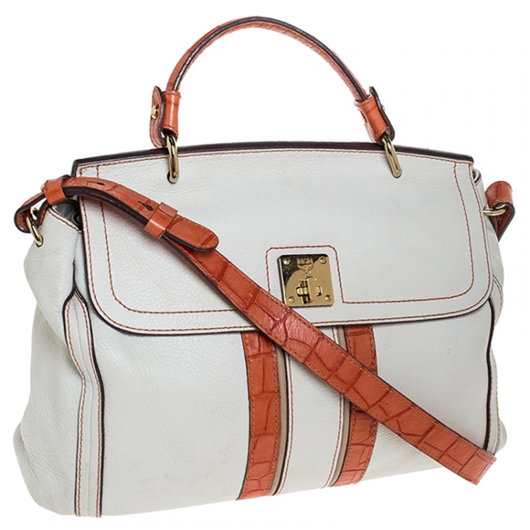 Pre Owned MCM White/Orange Leather and Croc Embossed Leather Top Handle Bag