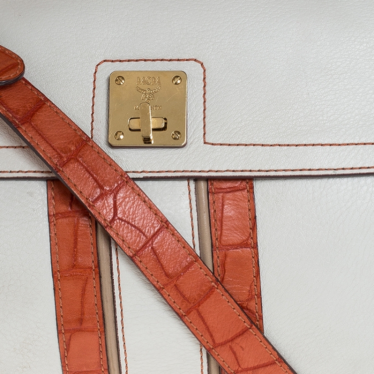 Pre Owned MCM White/Orange Leather and Croc Embossed Leather Top Handle Bag