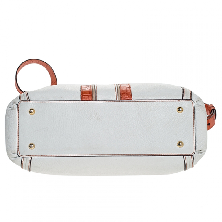 Pre Owned MCM White/Orange Leather and Croc Embossed Leather Top Handle Bag