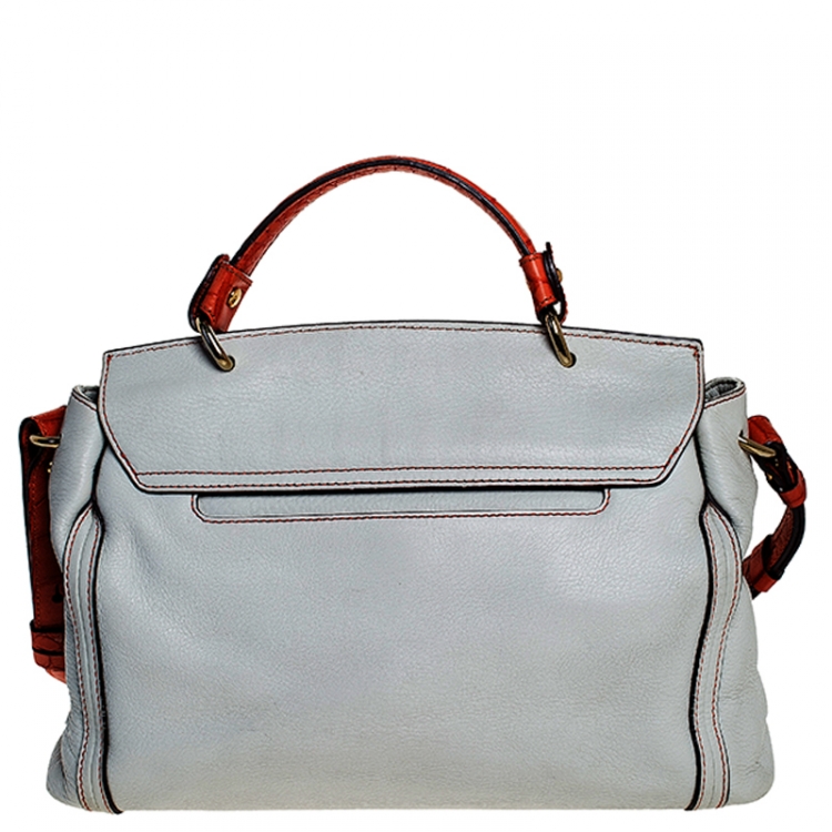 Pre Owned MCM White/Orange Leather and Croc Embossed Leather Top Handle Bag