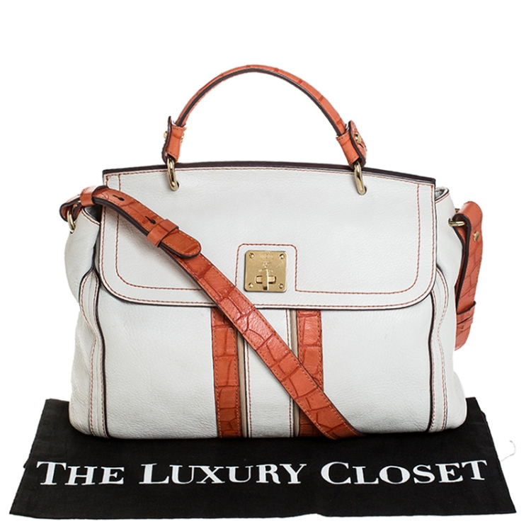 Pre Owned MCM White/Orange Leather and Croc Embossed Leather Top Handle Bag
